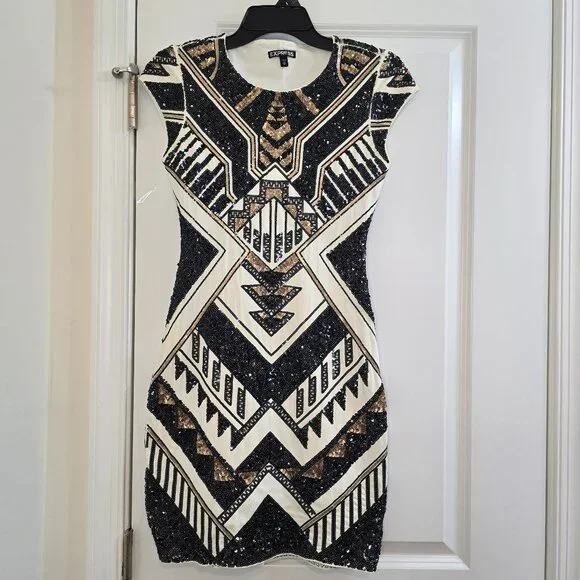 Express Geometric Sequin Bodycon Dress - Aztec, Gatsby, 20's, Holiday Party - Picture 2 of 11